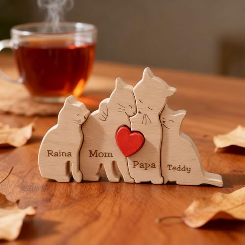Drawelry Personalisierte Holz Katzenpuzzle Hundepuzzle Ornamente, mit 2-9 Familien Namen Gravur Hunde Katze Figur Statue Puzzle Tischdekoration, Muttertag Mama Papa (Katze-D)