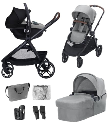 Maxi-Cosi Zelia Select+, Baby Kinderwagen 3 in 1 mit Kindersitz, 0–4 Jahre (0–22 kg), Einhändig Klappbares Kinderwagen Set, Wendbarer Kinderwagenaufsatz, CabrioFix S i-Size Kindersitz, Grau