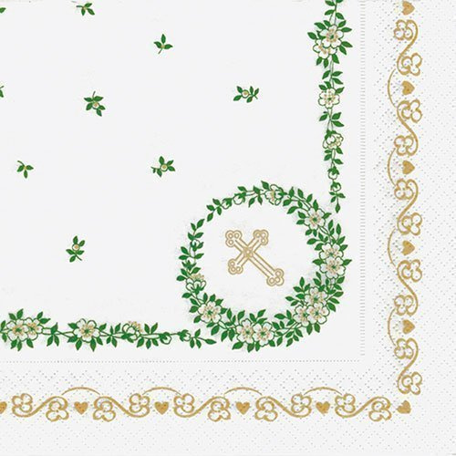 Serviette 33x33cm 3-lagig 20Stück Konfirmation weiß mit gold Borte Kreuz und grü
