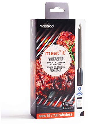 Mastrad - 100% kabellose Kochsonde mit mobiler Anwendung - Bluetooth - Innentemperatur und Kochgeschwindigkeit - IOS / Android-kompatibel - Einfach wiederaufladbar, schwarz / metall, 11 x 5,5 x 3 cm
