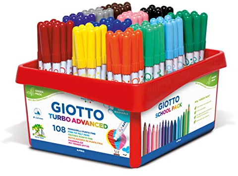 GIOTTO Turbo Advanced Felt Tip Pens Fine Tip Nib 108 Pieces | Super Washable Felt Tip Fibre Pens, Fine Tip Nib 2.8mm, Schoolpack, Assorted Colours, For Children, Parties & Primary Schools