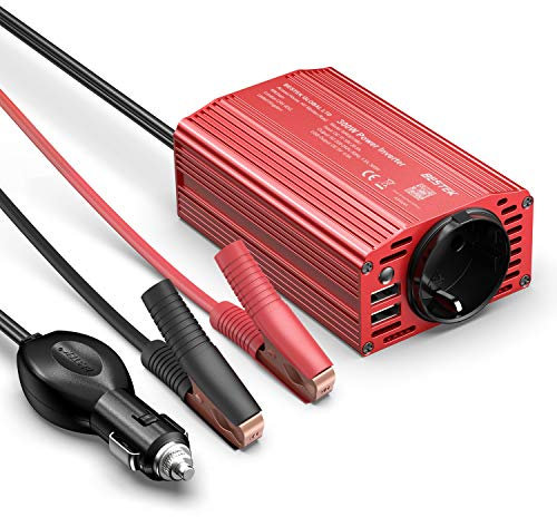 BESTEK Spannungswandler 12v auf 230v Wechselrichter 12v auf 230v, mit 2 USB: 5V/4.8A Umwandler 1 Paar Klemmen und Zigarettenanzünder Stecker, für Auto Laden von Handys Laptops
