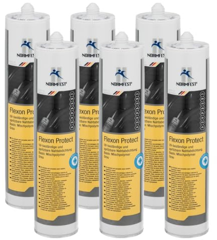 Normfest Flexon Protect grau – UV-beständige 1K Nahtabdichtung auf POP-Mischpolymer-Basis, spritzbar, elastisch, nass-in-nass überlackierbar für Karosserie- und Fahrzeugbau – 6x 310ml