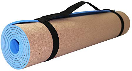 Yogamatte Kork. Fitness Matte für Zuhause Rutschfest. Fitnessmatte TPE mit Tragegurt. Yoga Übungen und andere Sportarten. Sportgeräte für die Ausübung. (Blau, 183 x 61 x 0,6 cm)