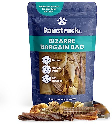 Pawstruck Bizarre Bargain Bag Assorted Natural Dog Chew Treats - Animal Ears, Jerky, Bones, Hooves, Beef Straps - Long Lasting Rawhide Alternative for Chewers, All Breeds - 1 lb, Packaging May Vary