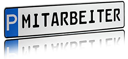 Individuelles Parkplatzschild 520x110mm mit P-Symbol aus Aluminium Wunschkennzeichen mit eigenem Text Wunschname für Parkplatz Schild (09 P - Mitarbeiter)