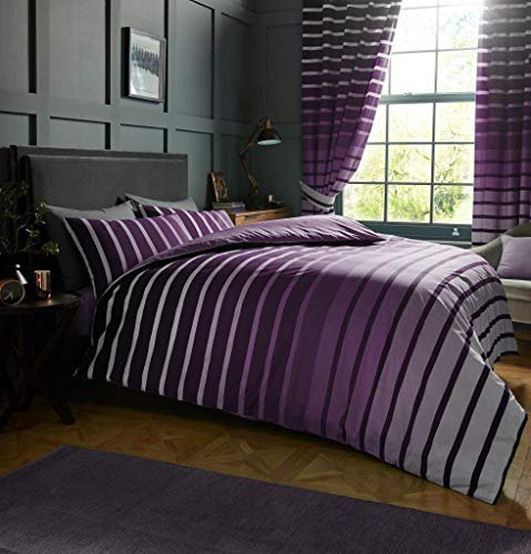 GC GAVENO CAVAILIA Stripe Duvet Cover, Easy Care Polycotton Quilt Double Bedding Set, Geometric Bed Set, Purple