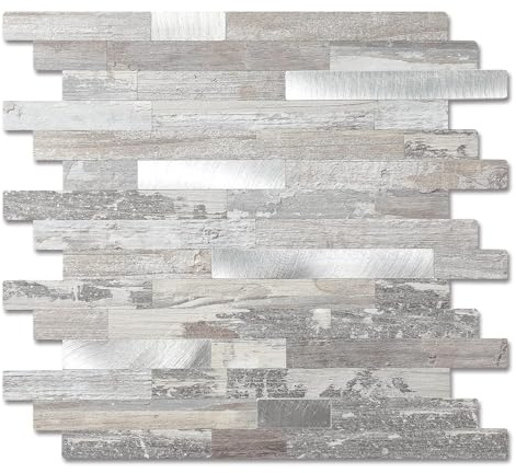 5 feuilles à décoller et à coller, revêtement mural en mosaïque bois-métal, à coller sur les carreaux pour cuisine, salle de bain, buanderie, camping-car, cheminée (30,5 x 30,5 cm, aspect rustique