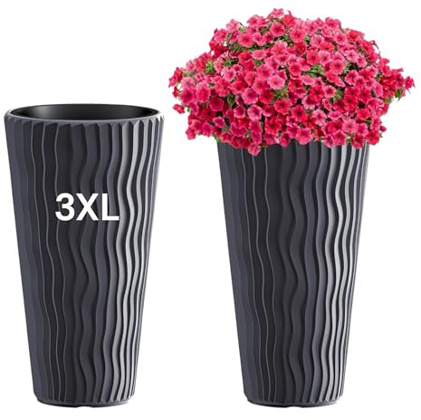 MELTOM Blumentopf mit vertikaler Wellenoptik herausnehmbarem Einsatz aus Kunststoff Pflanzkübel (Anthrazit, 3XL)