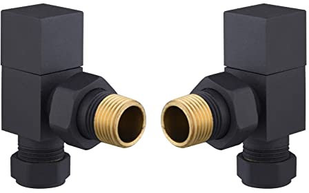 Black Angled Radiator Valves Square Modern Radiator Valves Pair of 15mm x 1/2 (Set of 2) for Heated Towel Rails & Central Heating Radiators Black Radiator Valve Set