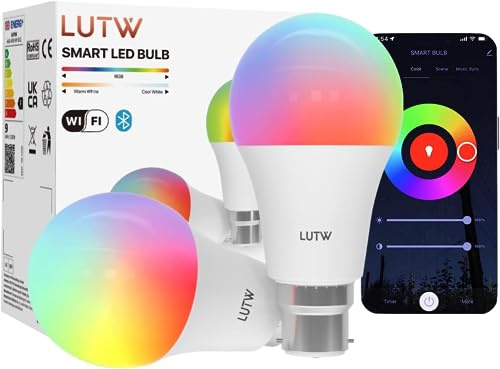 LUTW B22 Smart Bulb, 9W 940LM, Bayonet Colour Changing Light Bulb, 2 Pack | 2700K-6500K Tunable Light, RGB, Wifi Smart Bulbs that Work with Alexa, Google Home, App Control, Dimmable, Schedule & Timer