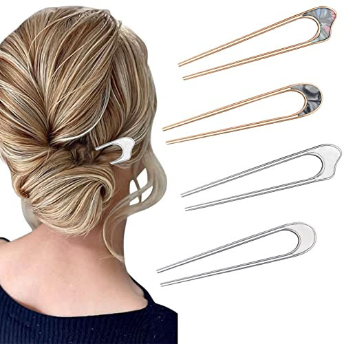BLMHTWO 4 forcine per capelli in metallo a forma di U, oro e argento vintage forchetta per capelli in stile francese 2 punte per capelli Updo Chignon accessori per capelli per donna, ragazze, moglie