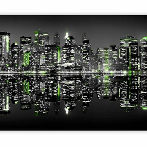 murando Fototapete New York bei Nacht 150x116 cm Vlies Tapeten Wandtapete XXL Moderne Wanddeko Design Wand Dekoration Wohnzimmer Schlafzimmer Büro Flur City Stadt Architektur grün grau