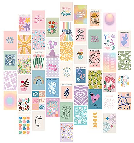 TNSLAND Wandcollagen Aesthetic Deko Poster Set, 50 Stk Boho Bilder Schlafzimmer Fotosammlung, Vintage Wohnheim, VSCO Wall Collage Wanddruck Kit Raumdekoration für Mädchen Teenager