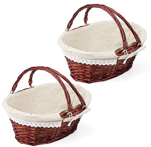 JOIKIT 2 Pack Wicker Woven Basket with Handle, Oval Wicker Picnic Basket with Linen Cloth Lining, Brown Woven Willow Basket for Eggs, Candy, Gift, 30 x 23 x 12cm