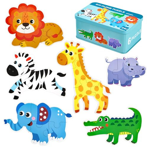 Kinderpuzzle, 6 Bilds Puzzles für Kinder, Montessori Spielzeug Tiere Spiel Holzpuzzle ab 3 Jahre, Jigsaw Lernspielzeug Geschenk Weihnachten, Geburtstag für Jungen und Mädchen Kleinkind