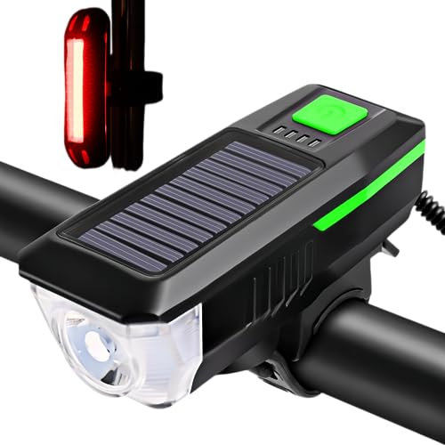 Luz Bicicleta para Bicicleta con Energía Solar y 3 Modos, Foco LED y Timbre Impermeable - Recargable por USB, Ideal para Bicicletas de Carretera y Montaña (Green)