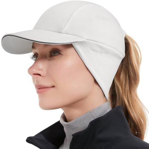 GADIEMKENSD Winter Reflective Ponytail Hat Fleece Hats for Women Baseball Caps with Earflap Drop Down Ear Warmer Mens Skull Cap Beanie with Visor Cold Hat for Outdoor Hiking Running Snow White