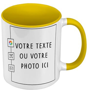 Mug de Couleur Qualité Premium Jaune - Personnalisable Personnalisé avec Votre et Image et Votre Texte - Tasse avec anse et intérieur de couleur