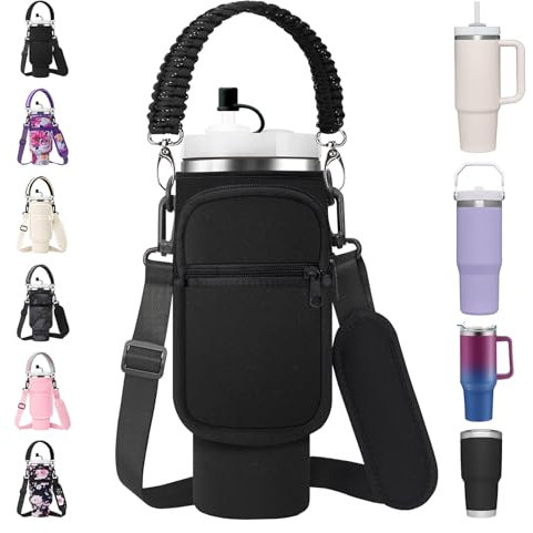 AceTreker Stanley Becher-Tragetasche mit Paracord-Griff, Neopren-Edelstahl-Tumbler-Hülle mit 2 Taschen, verstellbarem Gurt und Strohhalm-Abdeckung, für Spaziergänge, Wandern, Fitnessstudio, Schwarz