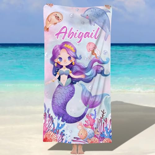 SearchI Strandtuch Personalisiert 150x75cm,Sandfrei&Schnell Trocknendes Individuellem Mikrofasertuch Badetücher mit Namen für Erwachsener Kinder,Geburtstagsgeschenk für Camping,Reisen-Meerjungfrau