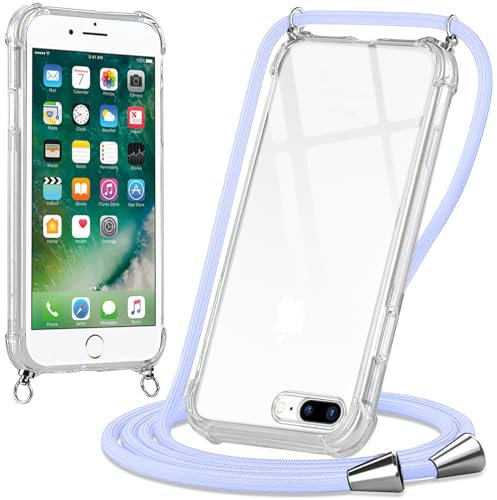 Oelrstfe Funda para iPhone 8 Plus/iPhone 7 Plus con Cuerda, Transparente TPU Suave Silicona Carcasa con Correa Colgante Ajustable Collar para iPhone 8 Plus, Morado