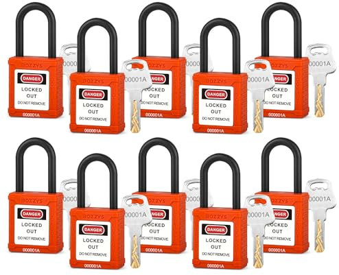 Juego de candados aislados, paquete de 10, grillete de nailon, cilindro de aleación de zinc, llave diferente, 2 llaves por candado de seguridad, para zonas conductoras (BD-G17KA-10PCS-naranja, llave