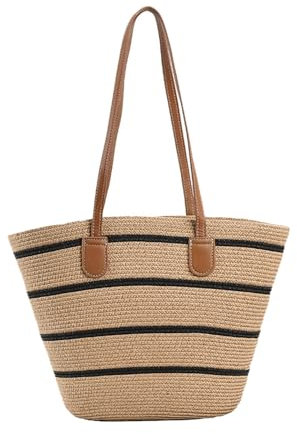 NICOLE & DORIS Stroh Handtasche Damen Strandtasche Groß Shopper Schultertasche Sommer Strandtasche Tote Bag Basttasche Gewebt Einkaufstasche für Strand Reise Coarse Stripes