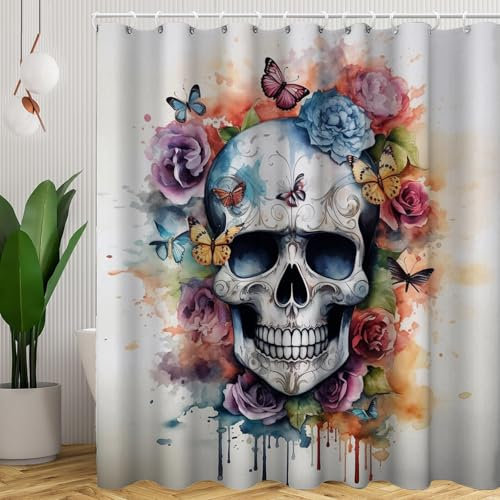 CYSYLQW Rideau de douche d'Halloween avec tête de mort - 180 x 200 cm - 180 x 180 cm - Motif tête de mort - Halloween - Motif gothique - Polyester - Étanche - 120 x 200 cm (l x H) - 2)