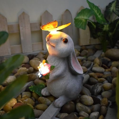 Solar Kaninchen Gartenfiguren, Kaninchen Gartendeko für Draußen Kaninchen Top Schmetterling Ornamente Harz Solarleuchten Oster Hase Solar Lampen für Draußen Rasen Terrassen