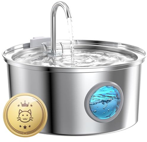 Katzenbrunnen Edelstahl Trinkbrunnen für Katzen: Ultra leiser 3.2L Wasserbrunnen mit Wasserstandsfenster - Auch für Hunde geeignet