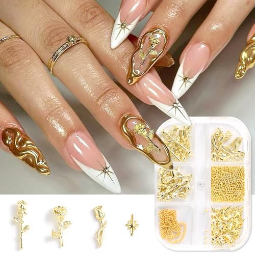 BelleVive 3D-Metall-Rosen-Nagelkunst-Anhänger, goldene Rosen, Blumen, Nagelschmuck aus Legierung, Metall-Nagelketten, Stern-Mikro-Kaviarperlen, Nagelnieten, Ohrstecker, Nagelzubehör