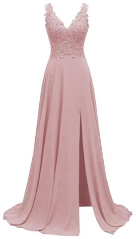 KURFACE Robe de mère de la mariée en mousseline de soie avec appliques en dentelle pour mariage sans manches longue formelle robe de demoiselle d'honneur, vieux rose, 56 Grande taille