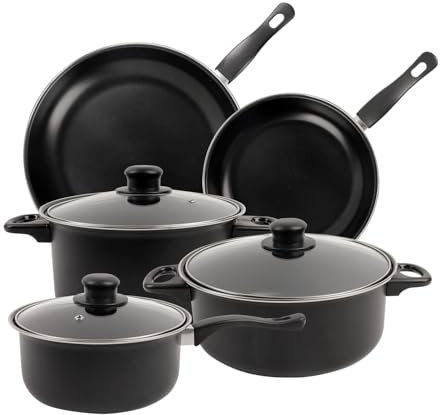 Alivio 5-Piece Non-Stick Pot Set Versatile Cookware for Every Kitchen, 3 Saucepans with Glass Lids & 2 Frying Pans, Non-Stick, Oven Safe, Long Lasting Cookware Pan Set (Black)