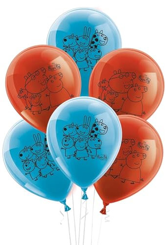Party Factory Peppa Pig Set aus 10 roten und blauen Latexballons, Ø25cm, verschiedene Druckmotive, für Luft oder Helium