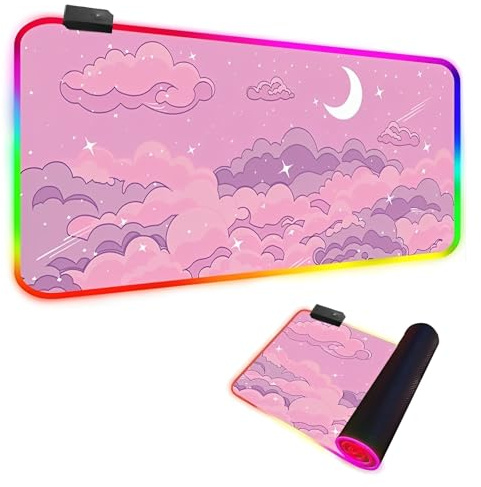Mateju RGB Mousepad, Mond Wolken Mousepad XXL/XL/L14 Beleuchtungs Modi 7 LED Farben, rutschfeste Gummibasis Mauspad, Gaming Mauspad mit Vernähte Kanten für Tastatur Computer (Rosa,600x300x4mm)
