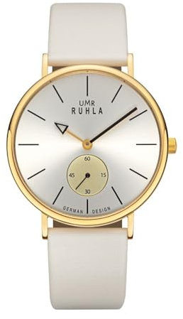 RUHLA-Style Damenuhr - Dezente Klasse mit Charakter - IP-goldene Edelstahlgehäuse Ø 40mm - beiges Zifferblatt - dezentraler Sekundenanzeige - beiges Lederarmband – Made in Germany