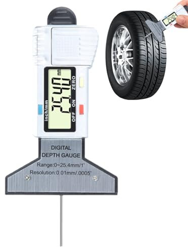 Calibre de banda de neumáticos, profundidad de calibre de neumáticos - Medidor de profundidad de desgaste de neumáticos | Digital 0-25,4 mm Rango Wear Checker 0,01 mm Resolución herramienta de