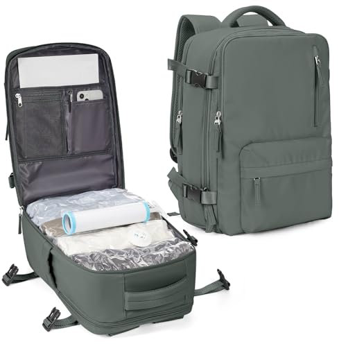 SZLX Zaino da viaggio a vuoto con pompa a vuoto, Airbag zaino da trasporto su bagaglio donne, Ryanair viaggio Ruscksack dimensione cabina con pompa impermeabile valigia uomini (verde scuro, con vuoto)