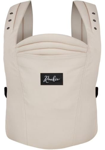 Rookie Babytrage ab Geburt - Ergonomisch, Bequem, Bio-Stoffe - Premium Elite Design - Baby Trage schnell & einfach angelegt - Baby carrier für Neugeborene bis 2 Jahre (Beige)