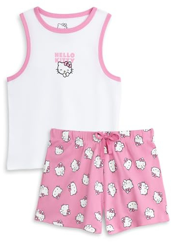 Hello Kitty Damen Pyjama-Set mit Weste und Shorts in Weiß und Rosa | Nachtwäsche Print | Ärmellose Loungewear | Pyjamas mit Zeichentrickfiguren