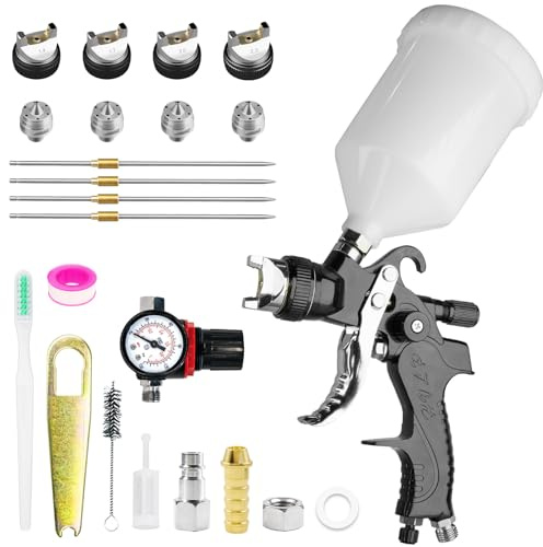 HVLP Spray Gun, Paint Sprayer with 4 Nozzles 1.4/1.7/2/2.5mm Nozzle & Pressure Gauge, 600ML Cup, Gravity Feed Air Spray Gun for House, Fence, DIY