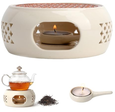 Scaldatè in Porcellana Bianca 15 cm, Scaldavivande per Teiera con Piastra Metallica 11,8 cm e 10 Candeline Tealight, Scaldino Decorativo a Candela per Tè Caldo in Casa o in Ufficio