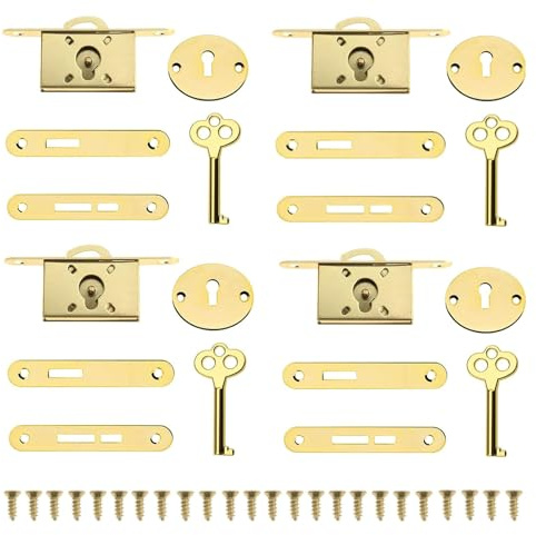 yufana 4-Piece Vintage Lock Set, Vintage Drawer Lock, Antique Cabinet Locks, Zinc Alloy, Suitable for Mailboxes, Cabinets, Tool Boxes, Small Locks for Furniture Cabinets (Golden)