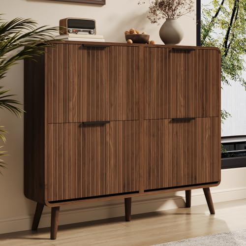 vutizal Schmaler Schuhschrank in Nussbaum-Optik - Platz für 18-24 Paar Schuhe mit 4 Klapptüren (105x24x90 cm)