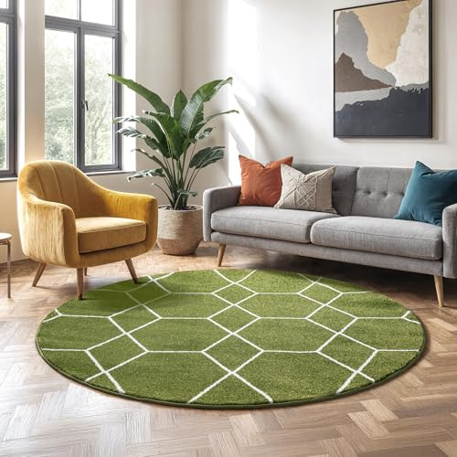 SANAT Wohnzimmerteppich – Pflegeleicht, für jeden Raum geeignet – Öko-Tex zertifizierter Flächenteppich – Trellis Muster, Grün, 150 cm Rund