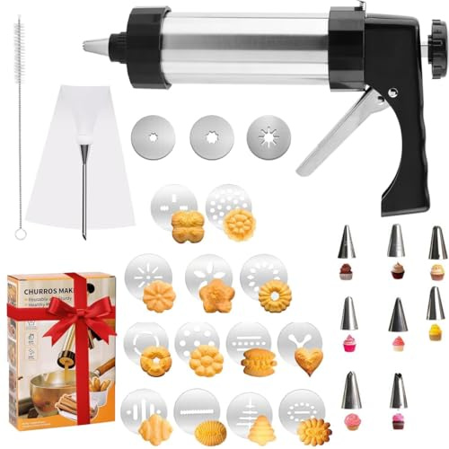 Pistolet à Patisserie, Presse à Pâtisserie en Acier Inoxydable, Presse à Biscuits Avec 16 Gabarits,8 Douilles, Machine à Churros, Pistolet à Biscuits pour Gâteaux Dessert