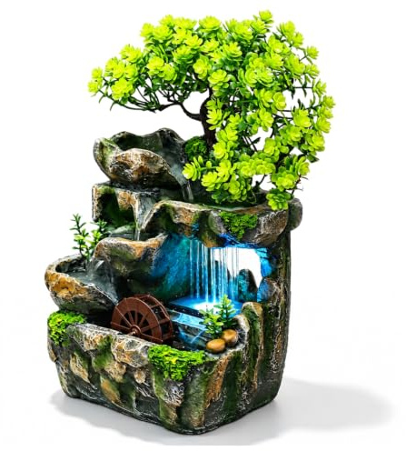 Zimmerbrunnen Wasserfall, 18x15x30cm Tischbrunnen mit LED Farbwechsel | Grüne Pflanze Brunnen mit Feng Shui Rad und Leise Tauchpumpe, Desktop Dekoration für Wohnzimmer, Schlafzimmer, Büro