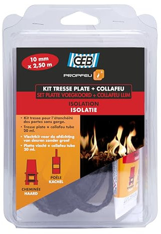 GEB Propfeu kit Tresse Plate Fibre de Verre larg. 10 mm, ép. 3 mm, Long 2,5 m + Collafeu Tube 20 ML, Beige