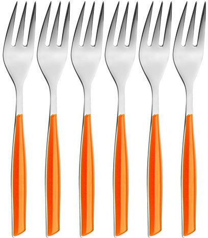 BUGATTI, Glamour, lot de 6 fourchettes à dessert en acier inoxydable 18/10 et poignée ORANGE, emballé dans une boîte cadeau, va au lave-vaisselle